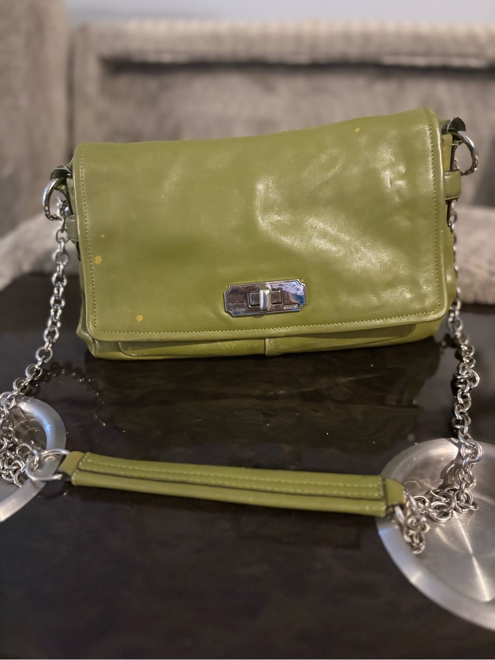Coach Olive Green Leather Chain Crossbody there are some marks as shown
